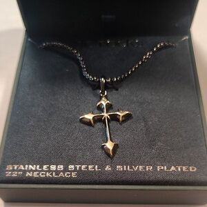 Rocks Silver-Tone Cross Pendant Necklace